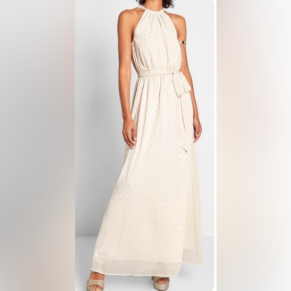 Modcloth Illuminated Elegance Metallic Flecked Ivory Chiffon Halter Maxi Dress.